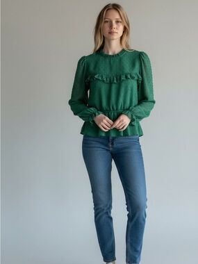 Monteau Green Textured Ruffle Peplum Blouse